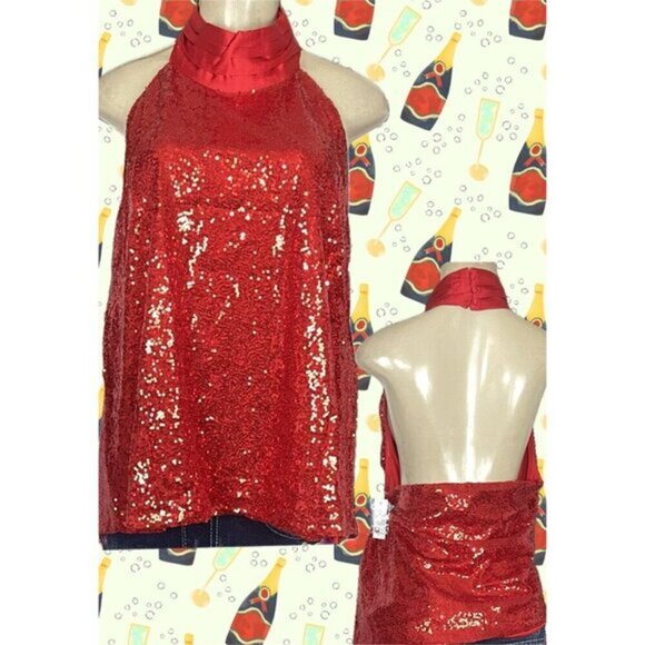 New York & Company +4X Red Sequin Lined High Satin Neck Open Back Halter Blouse - Picture 1 of 6